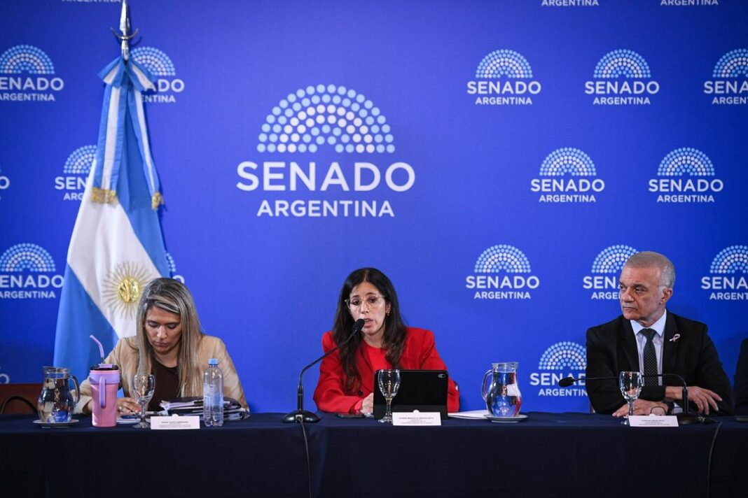 Salud Mental: el oficialismo consiguió dictamen en el Senado y habilita internaciones involuntarias Senadoras y un senador sentados a una mesa durante una reunión de comisión en el Senado de la Nación