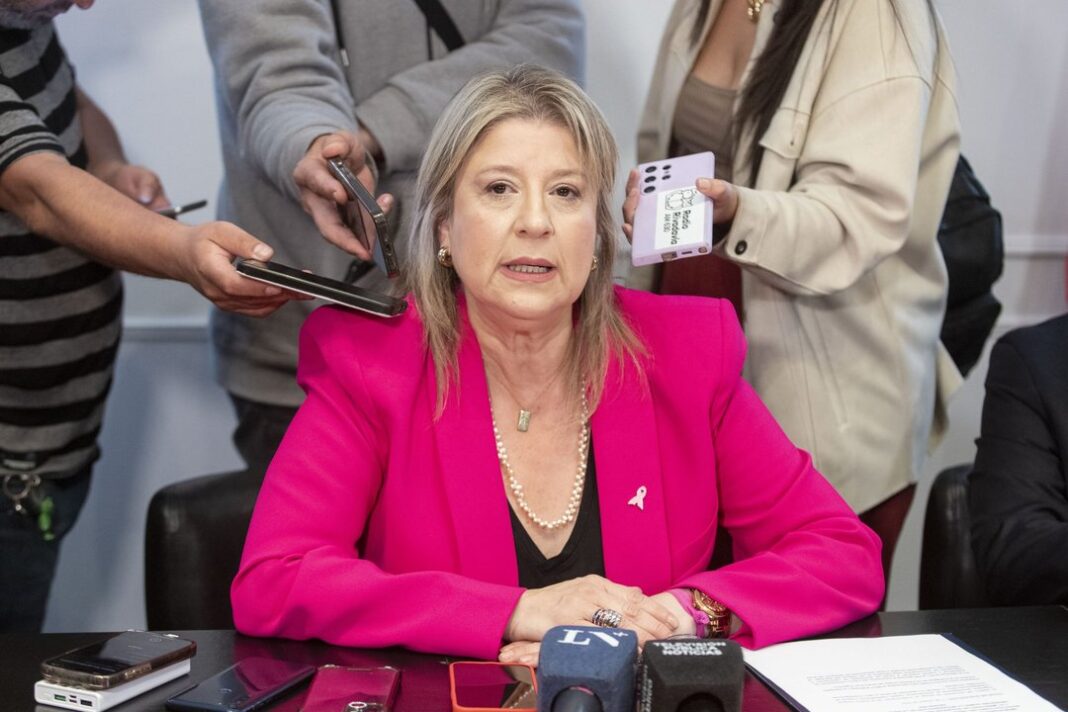 Funcionaria habla ante micrófonos de la prensa en una conferencia